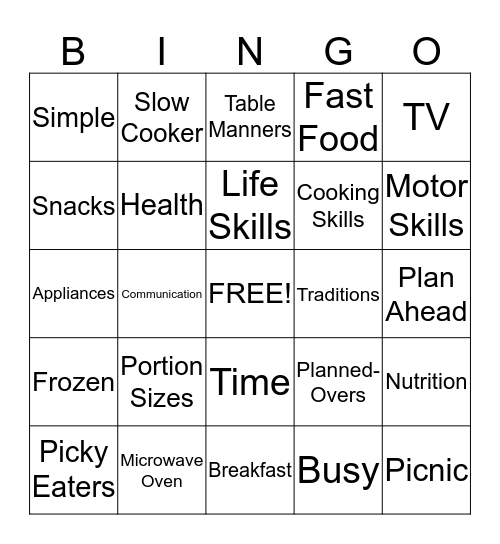 Family Mealtime Bingo Card
