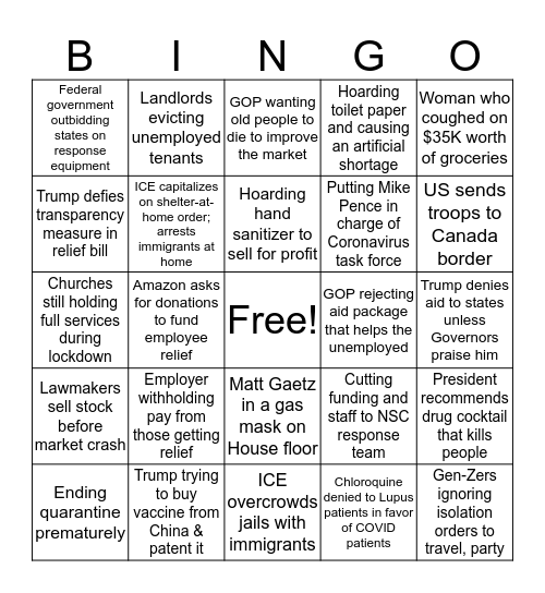 Epidemic Evil Bingo Card