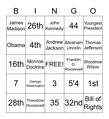 Presidents Bingo Card