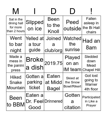 Middlebury Senior Bingo Card