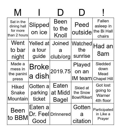 Middlebury Senior Bingo Card