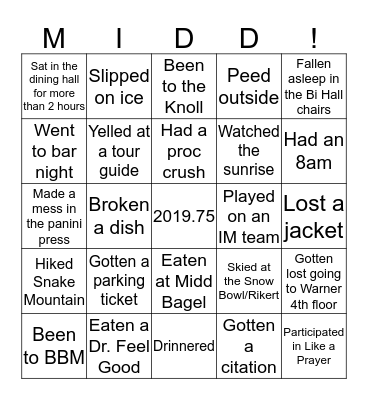 Middlebury Senior Bingo Card