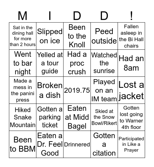 Middlebury Senior Bingo Card
