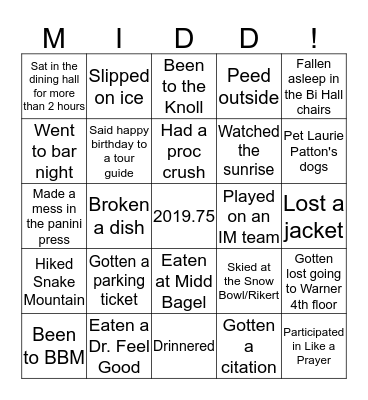 Middlebury Senior Bingo Card