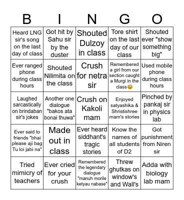 Section D2 Bingo Card