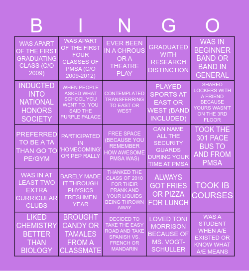PMSA ALUMNI BINGO Card