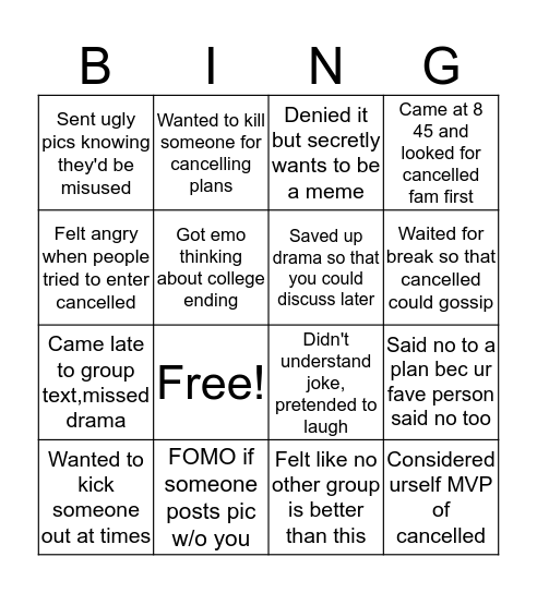 Cancelled Bingo Card