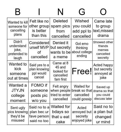 Cancelled Bingo Card