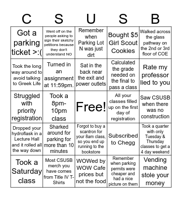 Relatable CSUSB Bingo Card
