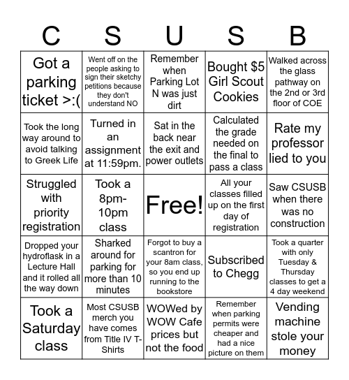 Relatable CSUSB Bingo Card