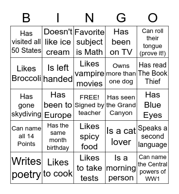 Getting to Know You Bingo Card