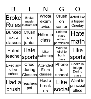 School BINGO Card