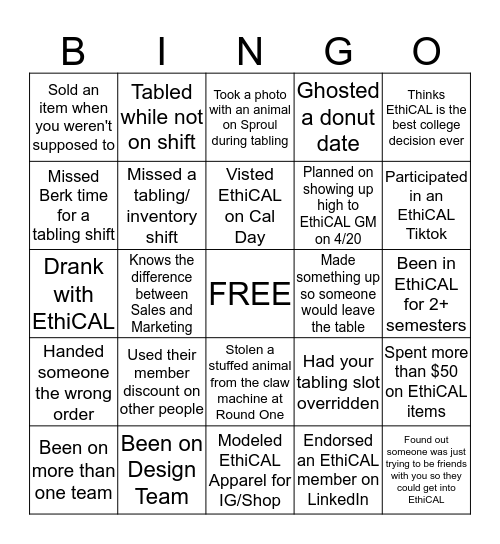 EthiCAL Bingo Card