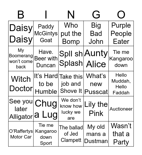 Funny Songs Bingo Card