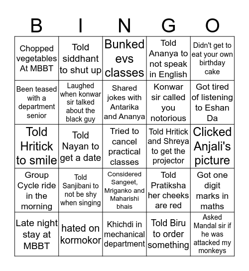 The MBBT kids bingo Card