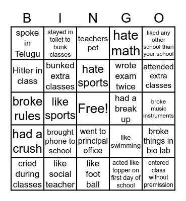 SCHOOL BINGO Card