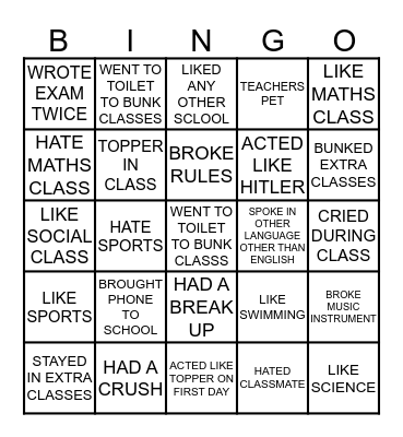 SCHOOL BINGO Card