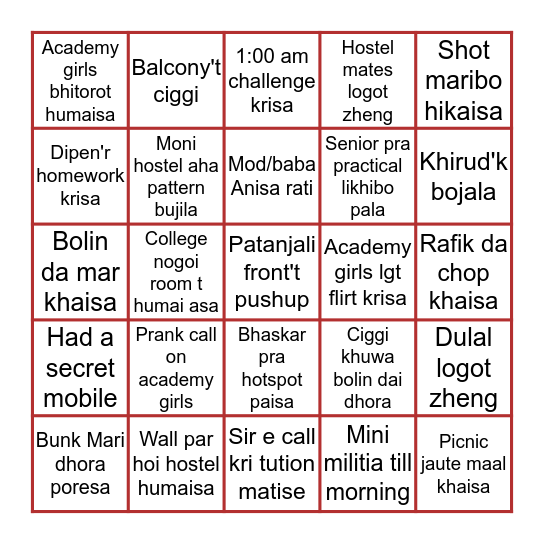 Academy boys hostel Bingo Card