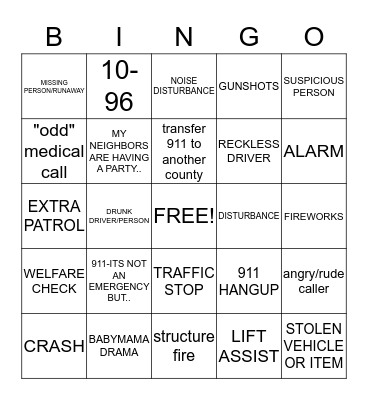 911 dispatcher Bingo Card