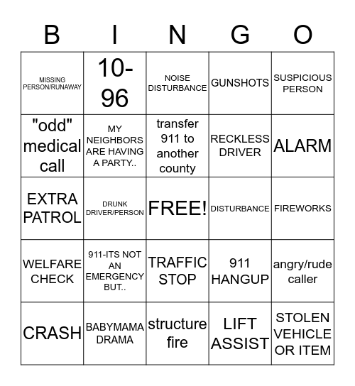 911 dispatcher Bingo Card