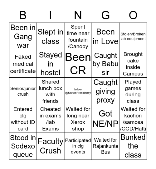 Presidency University Bingo Card