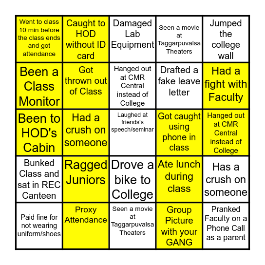 Raghu College Times Bingo Card