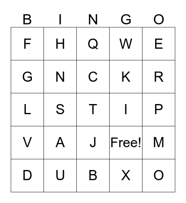 Test Vocab Bingo Card