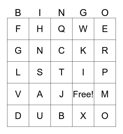 Test Vocab Bingo Card