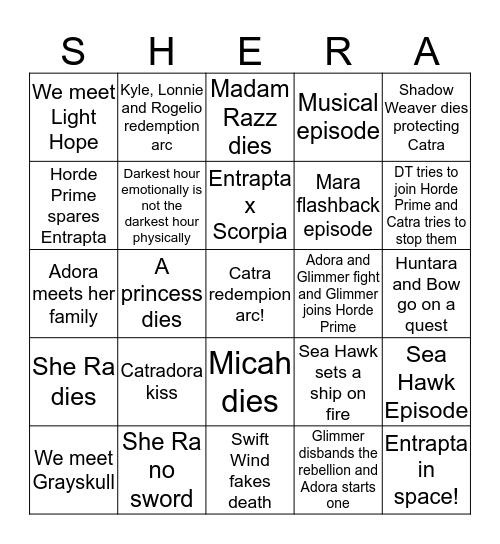 She Ra Season 5 Bingo Card