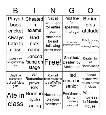 School Bingo Card
