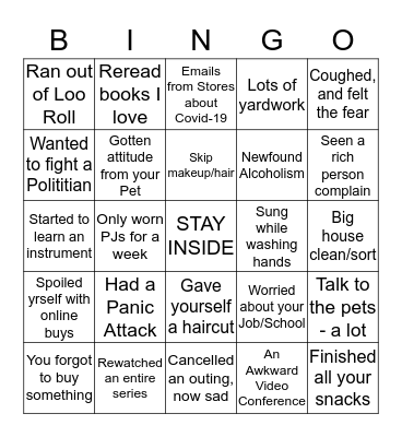 Social Distancing Bingo Card