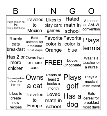 AAUW Friends Bingo Card
