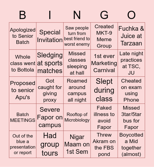 Marketing JU Bingo Card