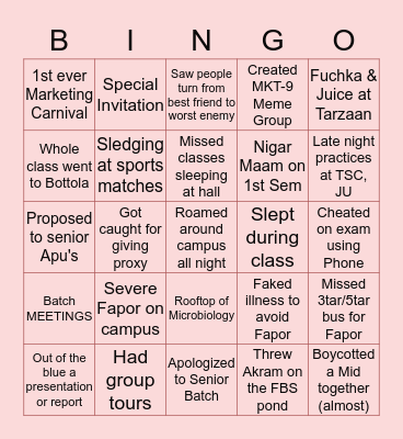 Marketing JU Bingo Card