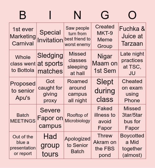 Marketing JU Bingo Card