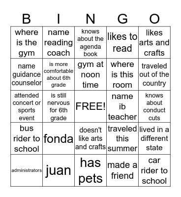 Orientation Camp Bingo Card