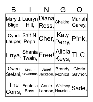 Music Bingo Divas Bingo Card