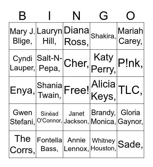 Music Bingo Divas Bingo Card