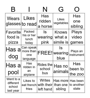 First Day of School Bingo Card