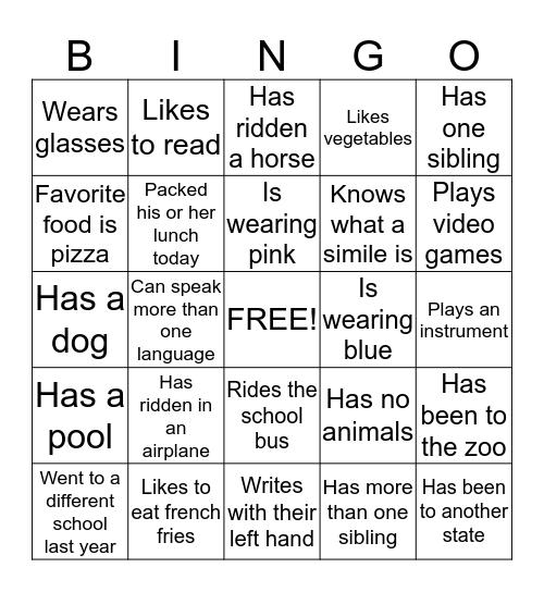 First Day of School Bingo Card