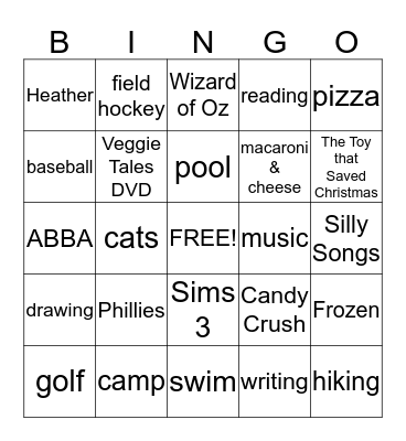 My Favorite Things Bingo Card