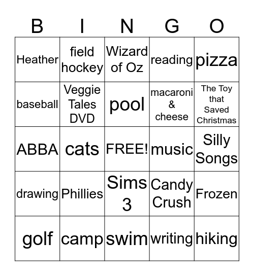 My Favorite Things Bingo Card