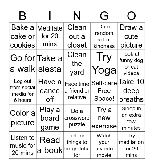 Self-Care Bingo for Staff Bingo Card