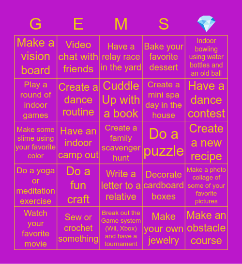 GIA Gems 💎 Activity Board Bingo Card