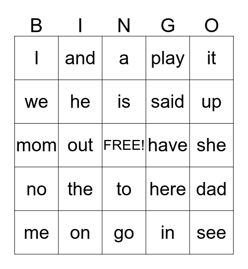 Sight Word Bingo Card