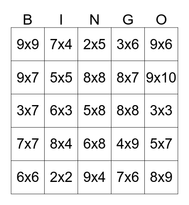 Multiplication Bingo Card