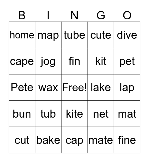 Short and Long words - BINGO Card