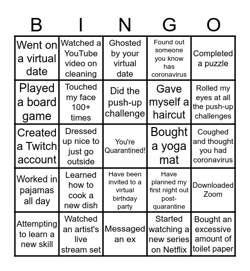 Quarantine Bingo Card