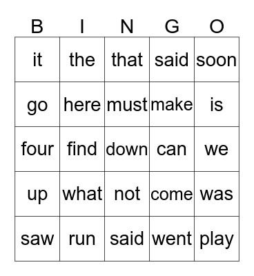 Sight Words Bingo Card