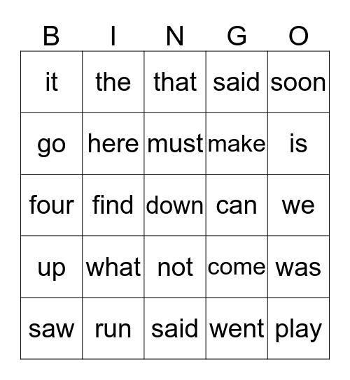 Sight Words Bingo Card